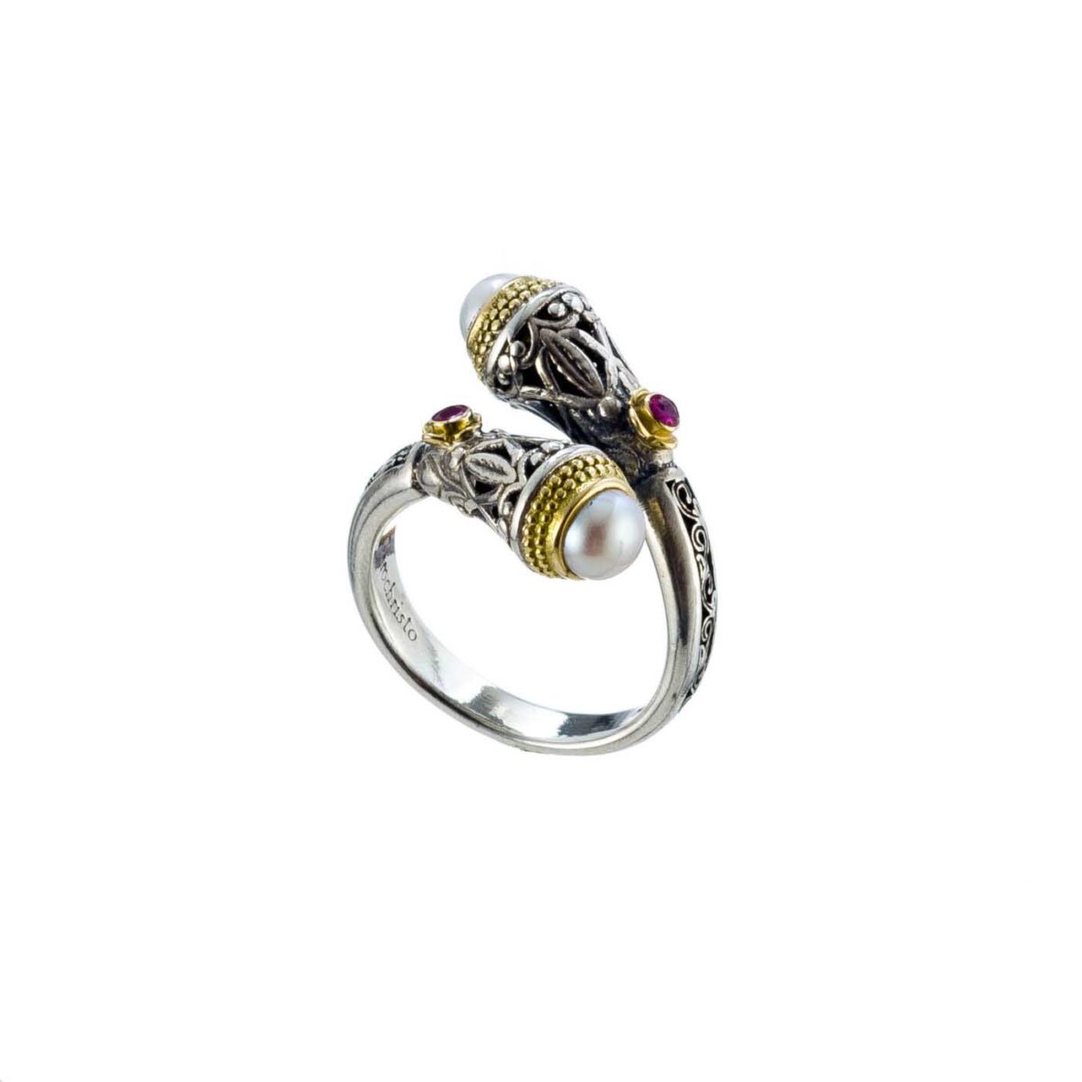 Ιδιαίτερο χειροποίητο δαχτυλίδι Gerochristos στολισμένο με μαργαριτάρια γλυκού νερού και ρουμπίνια