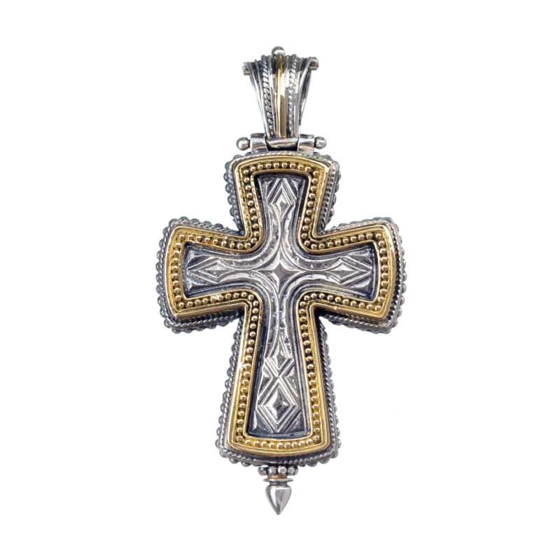 Byzantine Gerochristo solid gold and silver reliquary locket cross