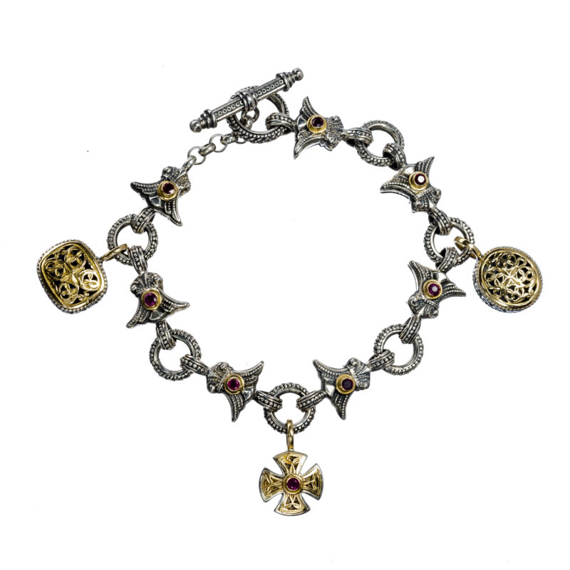 Gerochristo solid gold and sterling silver Byzantine link bracelet with charms